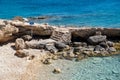 Stone stair to beach, Koufonisi island, Cyclades, Greece. Nudism is forbidden in English and Greek Royalty Free Stock Photo