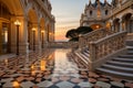 Stone staircase ascending to glowing marble gates in clouds, with intricate carvings and patterns