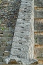 Stone staircase decorations of a Mayan pyramid in the archaeological area of Chichen Itza