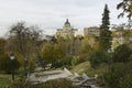 Stone staircase that goes down the Cuesta de las Vistillas with the Almudena Royalty Free Stock Photo