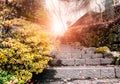 Stone staircase leading up a walkway through the Japanese temple. Royalty Free Stock Photo