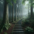 A stone staircase path leads through tree-lined rainforest to the top Royalty Free Stock Photo