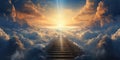 Stone staircase to heaven. Stairs leading to a bright light in the distance, clouds. Generative AI Royalty Free Stock Photo