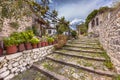 Stone stairs in alley with gardens on Lesbos island Greece Royalty Free Stock Photo