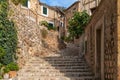 stone stairs lead up into the picturesque mountain village of Fornalutx in northern Mallorca Royalty Free Stock Photo