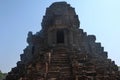 Stone stairs leading to top of temple in angkor wat, cambodia, construction metal for saftey Royalty Free Stock Photo