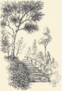 Stone stairs, trees and flower beds in a park or garden