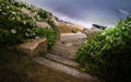 Stone stairs to the beach, view from the top of the rocky bank over the wild rose bushes Royalty Free Stock Photo