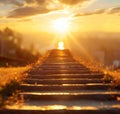 Stone stairs with wooden railing in the mountains at sunset. Landscape with mountain path and rocks against colorful blue sky with