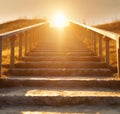 Stone stairs with wooden railing in the mountains at sunset. Landscape with mountain path and rocks against colorful blue sky with