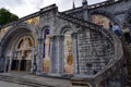 Stone stairway at the entrance to the Rosary Basilica Church in Lourdes