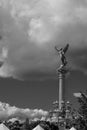 Stone statue of a muse in front of the Rudolfinum concert hall in Prague