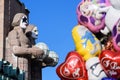 Stone statues at the Helsinki Railway Station wearing Kiss masks on May Day 2017.