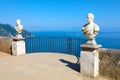 Stone statues on sunny Terrace of Infinity in Villa Cimbrone above the sea in Ravello, Amalfi Coast, Italy