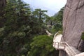 Stone Steep Steps . Trekking walking hiking Huangshan Mountain.