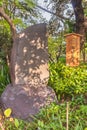 Stone stele dedicated to the Japanese deity Fukurokuju in Mukojima-Hyakkaen Gardens.