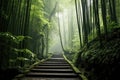 Stone steps ascend through a breathtaking forest filled with lush green foliage, A tranquil bamboo forest in Bali, AI Generated