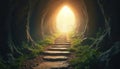 Stone steps ascend from a dark cave towards a bright, glowing exit. Rich green grass and rocks surround the path. This symbolizes Royalty Free Stock Photo