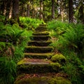 Moss covered stone steps ascend through a lush green forest with sunlight filtering through trees Royalty Free Stock Photo