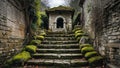 Stone steps leading to village well with moss and vines growing along nearby walls Royalty Free Stock Photo