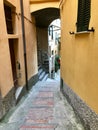 Stone steps lead downward between gold stucco walls in Vernazza, Cinque Terre, Italy