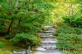 Stone steps leading into a peaceful Japanese garden full of maple trees starting to turn fall colors