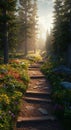 Stone Steps Path Through Vibrant Flower Forest Royalty Free Stock Photo