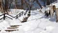 Stone steps on the shores of Lake Toya in winter,Hokkaido Japan