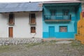 stone street, colorful houses and ruins of the La Encarnacion foundry in Zimapan Hidalgo Mexico Royalty Free Stock Photo