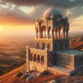 A stone structure with Islamic architectural design sits atop a hill at sunset, overlooking a desert landscape. Royalty Free Stock Photo