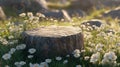 Stone Stump Surrounded By Daisies In Sunny Meadow Royalty Free Stock Photo