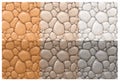 Stone surface vector seamless patterns set. Multicolor rocks, cobblestone textures collection. Orange, brown and grey