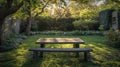 Stone Table and Bench in a Sunlit Garden Royalty Free Stock Photo