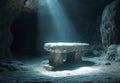 Stone Table in a Dark Cave Illuminated by a Single Light Beam Royalty Free Stock Photo