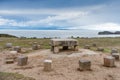 Stone table - sacrificial altar, ruins on the Island of Sun (Isla del Sol) on Titicaca lake in Bolivia