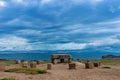 Stone table - sacrificial altar, ruins on the Island of Sun Isla del Sol on Titicaca lake in Bolivia