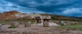 Stone table - sacrificial altar, ruins on the Island of Sun Isla del Sol on Titicaca lake in Bolivia