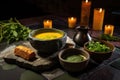 stone table set with spicy pumpkin detox soup