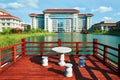 The stone table stool on the wooden trestle and building Royalty Free Stock Photo