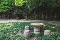 Stone table and stools in garden in Shaoxing, China Royalty Free Stock Photo