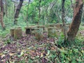 Stone tables and chairs on the forest trail on Daluntou Mountain in Neihu, Taipei