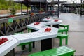 Stone tables with chess boards for playing chess outdoors in the Park. Leisure and entertainment for visitors to the Park