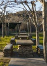 Stone Tables In An Outdoor Picnic Area In The Shade Of The Trees In Winter Vertical