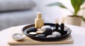 Stone therapy attributes for cosmetic procedures on a massage table. Symbolic objects for spa salon. top view, Generative AI Royalty Free Stock Photo