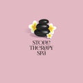 Stone Therapy Spa logo. Three black glossy stones for spa procedures with tropic flowers.