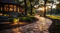 stone tile pathway lit by garden ground lights with bushes.