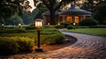 stone tile walkway lit by garden ground lights on floewrbed.