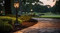 stone tile walkway lit by garden ground lights on park.