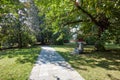 Stone tiled path with garden and chestnut trees in a sunny day, Italy