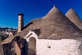 Stone tiles cover the roofs of the trulli in Alberobello, an Italian city to visit on a trip to Italy